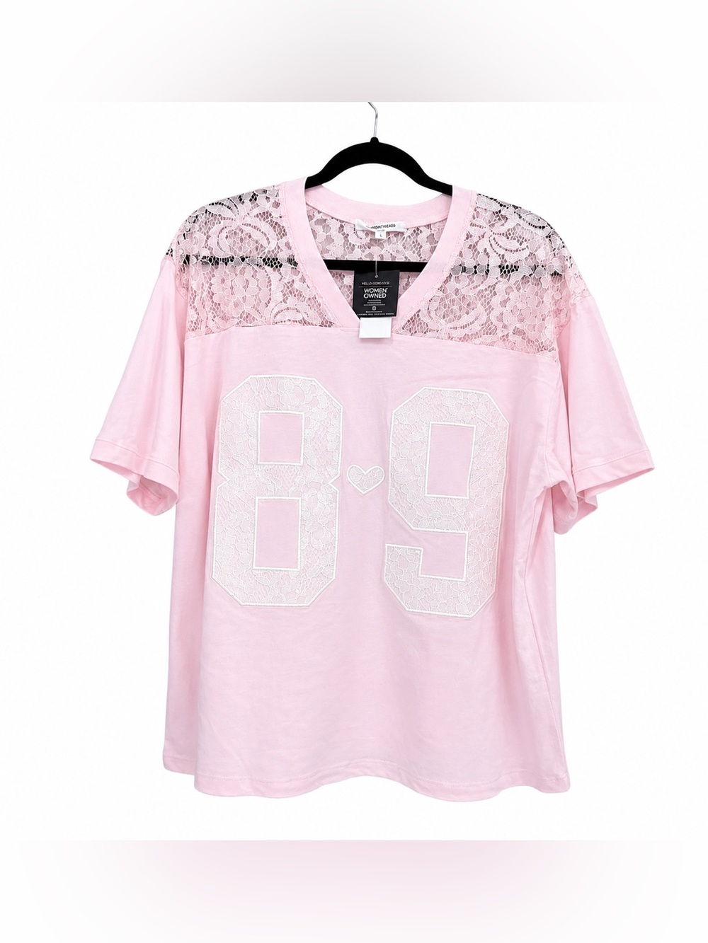 Women’s 89 Lace Jersey Graphic Tee Light Pink Medium Oversized Y2K Casual Top